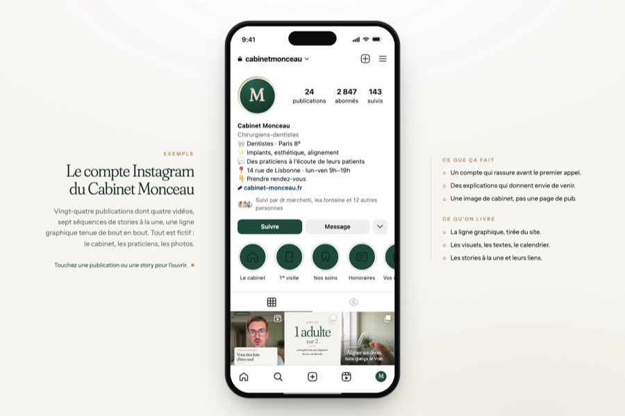 Demo Instagram account of Cabinet Monceau, 24 posts including 4 videos